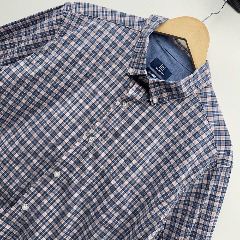 George Men's Large Dress Shirt Blue Pink Plaid Long Sleeve Button Up Classic Fit